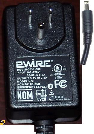 2WIRE ACWS011C-05U AC ADAPTER 5.1VDC 2.2A USED 1.5x4mm ROUND B