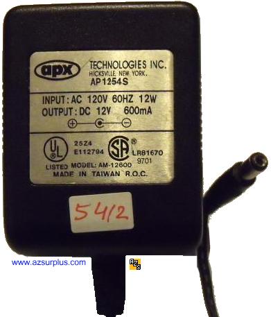 APX AM12600 AC Adapter 12V DC 600mA AP1254S Linear Power Supply