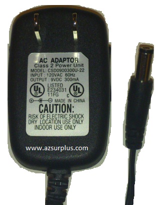 CSD0900300U-22 AC ADAPTER 9VDC 300mA USED 2 x 5.5 x 12mm
