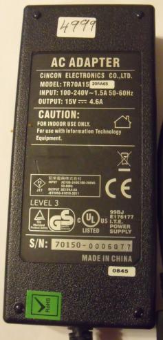 Cincon TR70A15205A65 AC ADAPTER 15VDC 4.6A JET2850-61010-20110