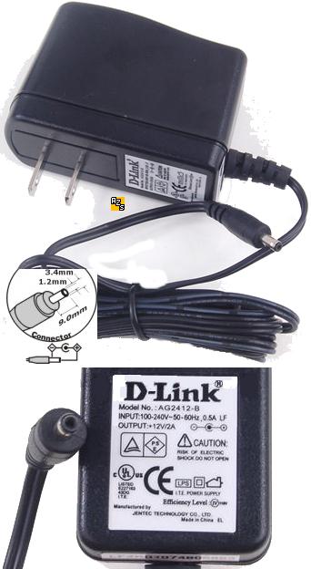 D-Link AG2412-B AC Adapter 12VDC 2A -(+)- 1.2x3.5mm 100-240vac 2