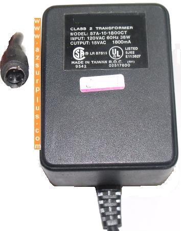 57A-15-1800CT AC ADAPTER 15VDC 1800mA 3 PIN MINI DIN USED POWER