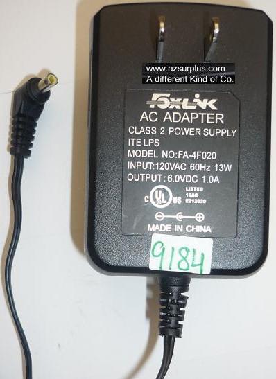 FOXLINK FA-4F020 AC ADAPTER 6VDC 1A USED -(+) 1.5x4x8.4mm 90° RO