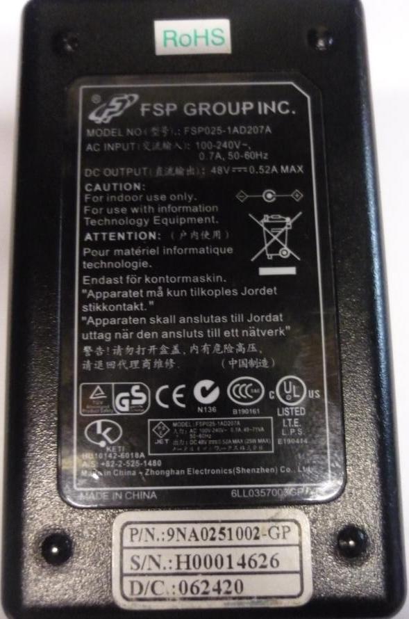 FSP FSP025-1AD207A AC ADAPTER 48VDC 0.52A -(+) 2.5x5.5mm Used 10