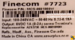 Finecom AZS7723 MCS-0601000W AC Adapter 6Vdc 1A Replacement