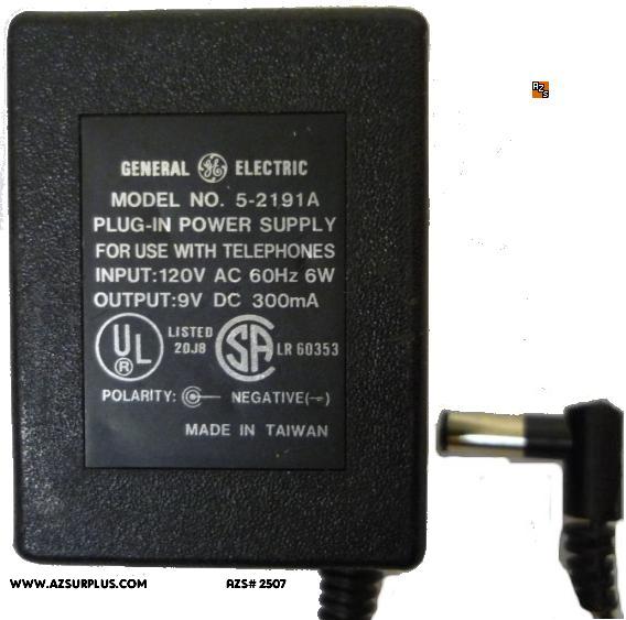 GE 5-2191A AC ADAPTER 9VDC 300MA POWER SUPPLY