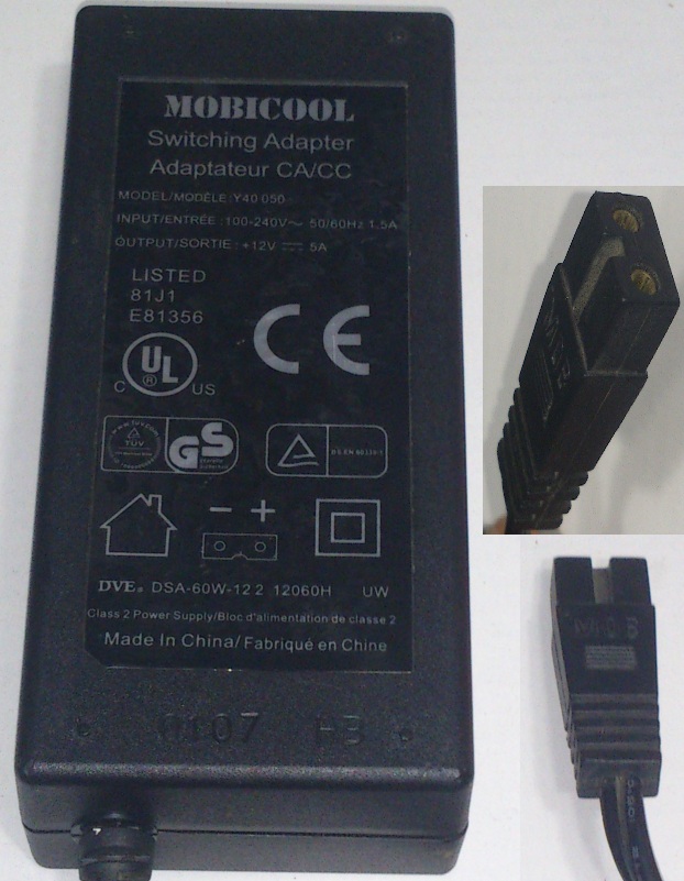 MOBICOOL Y40 050 AC ADAPTER +12V 5A USED 2-PIN CONNETOR POWER SU
