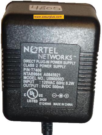 NORTEL U090050D AC ADAPTER 9VDC 500mA -(+) 2x5.5mm 90° used 120v