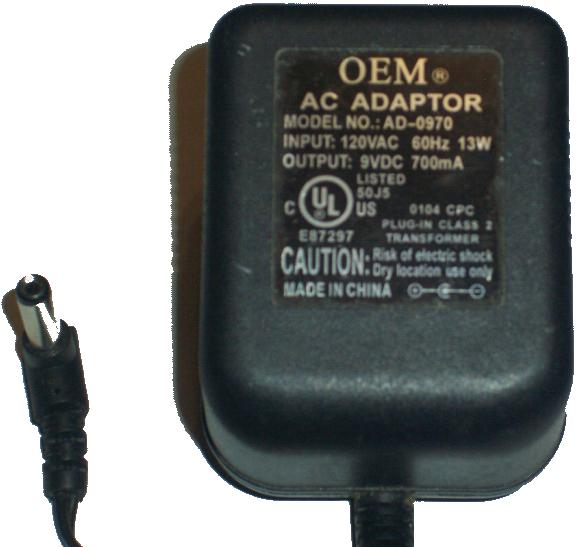 OEM AD-0970 AC ADAPTER 9VDC 700mA +(-) 2x5.5mm center -ve 13W PO