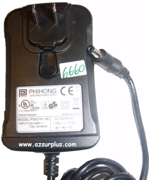 PHIONG PSA21R-180 AC ADAPTER 18VDC 1.11A Used 2.7 x 5.4 x 10.4 m