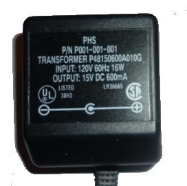 PHS P001-001-001 AC ADAPTER 15VDC 600mA USED PHS P001-001-001
