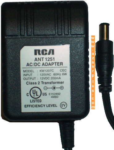 RCA KW1207C AC ADAPTER 12VDC 200mA 6W POWER SUPPLY