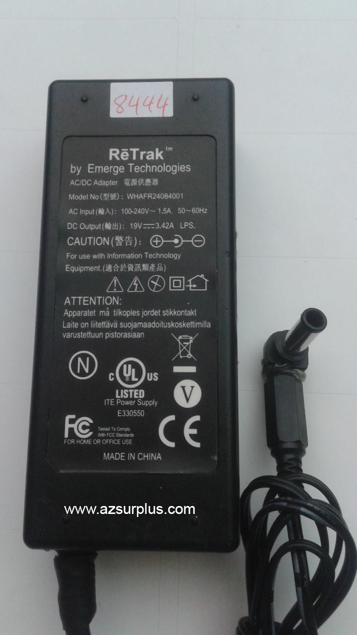 RETRAK WHAFR24084001 AC ADAPTER 19VDC 3.42A Used 4.2x6mm POWER S