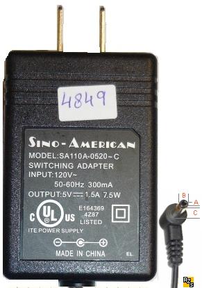 SINO-AMERICAN SA110BA-0520-C AC ADAPTER 5V 1.5A POWER SUPPLY I.T