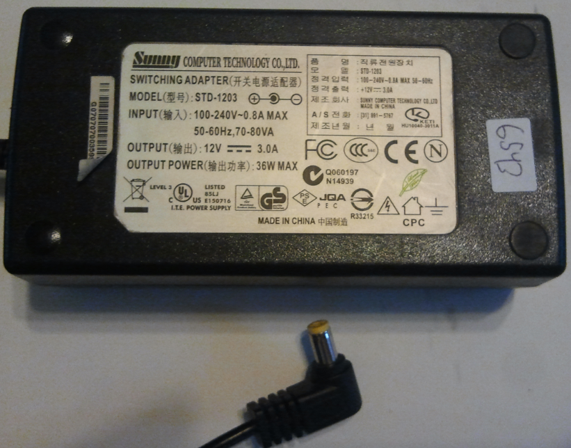 SUNNY STD-1203 AC ADAPTER 12VDC 3A USED 2 x 5.5 x 9.6mm