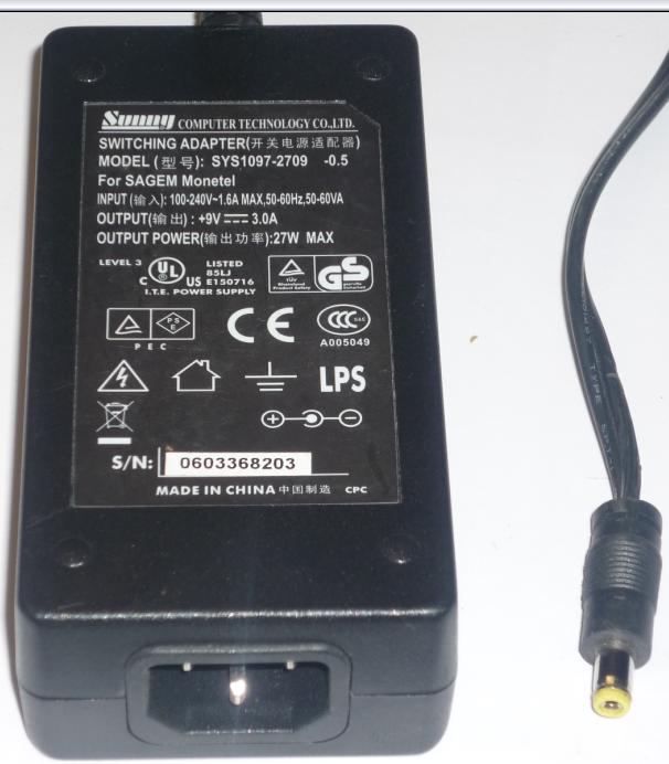 SUNNY SYS1097-2709 AC ADAPTER +9VDC 3A 27W -(+) 2x5.7mm ROUND BA