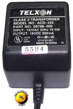 TELXON ACD-425 AC DC ADAPTER 18V 800mA CLASS 2 TRANSFORMER