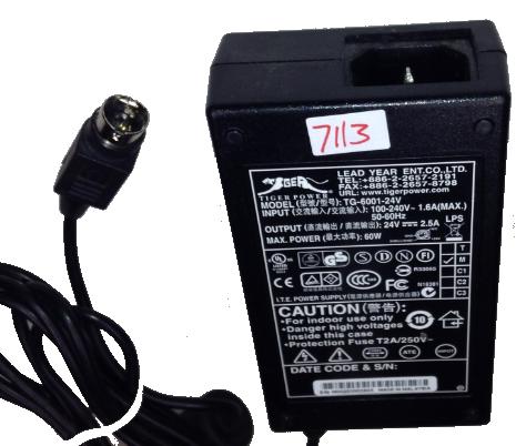 TIGER POWER TG-6001-24V AC ADAPTER 24VDC 2.5A USED 3-PIN DIN CON