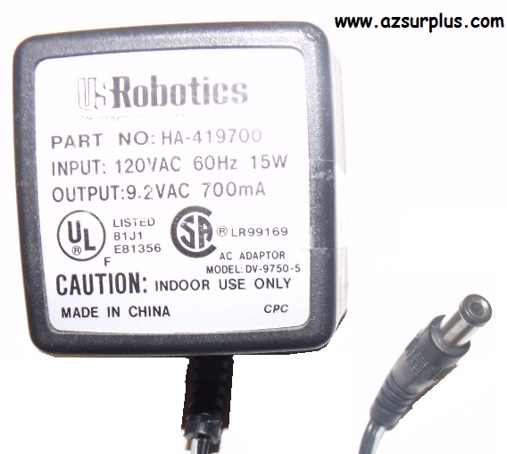 US ROBOTICS DV-9750-5 AC ADAPTER 9.2VDC 700mA Used 2.5 x 5.4 x 9