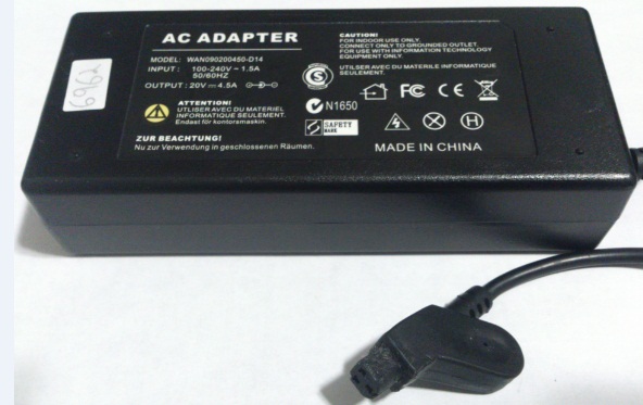WAN090200450-D14 AC ADAPTER 20VDC Used -(+)- 3 HOLE PIN