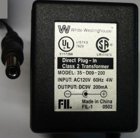 WHITE WESTINGHOUSE 35-D09-200 AC ADAPTER 9V 200mA DIRECT PLUG-IN