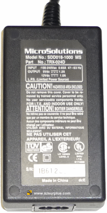 MICROSOLUTIONS SDD018-1000 MS AC ADAPTER 5Vdc 1.2A 12V 1A 5PIN