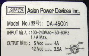 APD AC Adapter DA-45C01 5VDC 4A 12V 3.5A 5PIN Power Supply 5-PIN