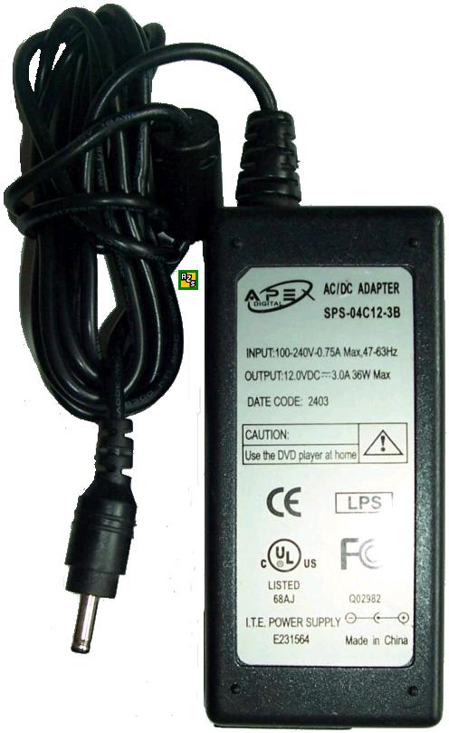 APEX SPS-04c12-3B AC ADAPTER 12VDC 3A 36W -(+) 1.2x3.5mm Used 10