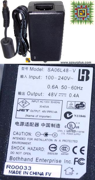 Bothhand SA06L48-V AC ADAPTER 48VDC 0.4A 2x5.5mm -(+)- 100-240va