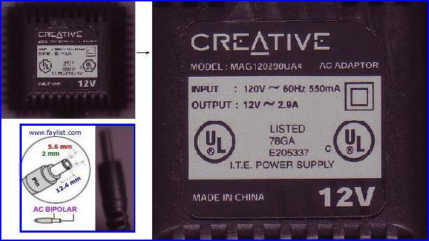 CREATIVE MAG120290UA4 AC ADAPTER 12VAC 2.9A ~(~) 2x5.5mm 120vac