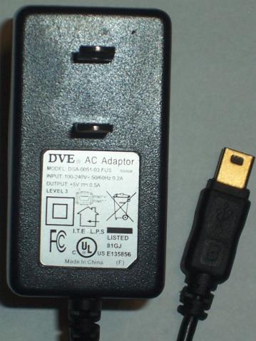 DVE DSA-0051-03 FUS AC DC ADAPTER 5V 0.5A USB CHARGER