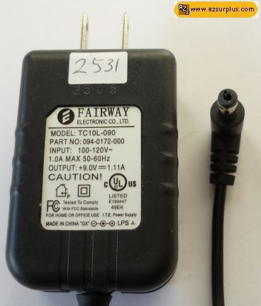 Fairway TC10L-090 AC ADAPTER 9VDC 1.11A USED -(+) POWER SUPPLY