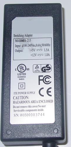 ITE PA-215 Switching AC Adapter 5VDC 1.5A 12V 1.8A 5 PINS Dual V