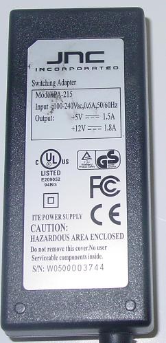 JNC PA-215 AC Adapter 5VDC 1.5A 12V 1.8A 5 PIN Switching POWER