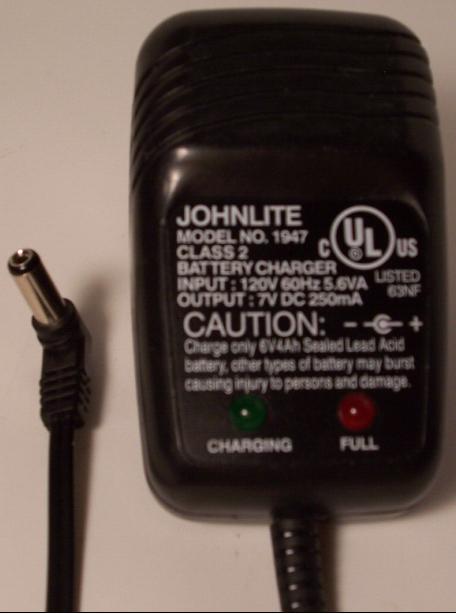 JOHNLITE 1947 AC ADAPTER FOR BATTERY CHARGER 7VDC 250mA