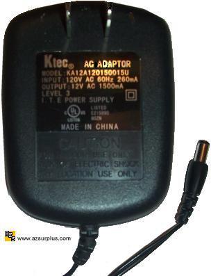 KTEC KA12A120150015U AC ADAPTER 12VAC 1500mA ~(~)~ 2x5.5mm Linea