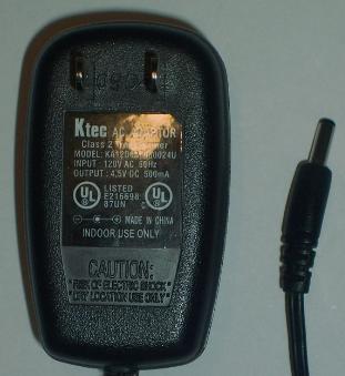 KTEC KA12D045050024U AC ADAPTER 4.5VDC 500mA -(+)- 1.3x3.7mm POW