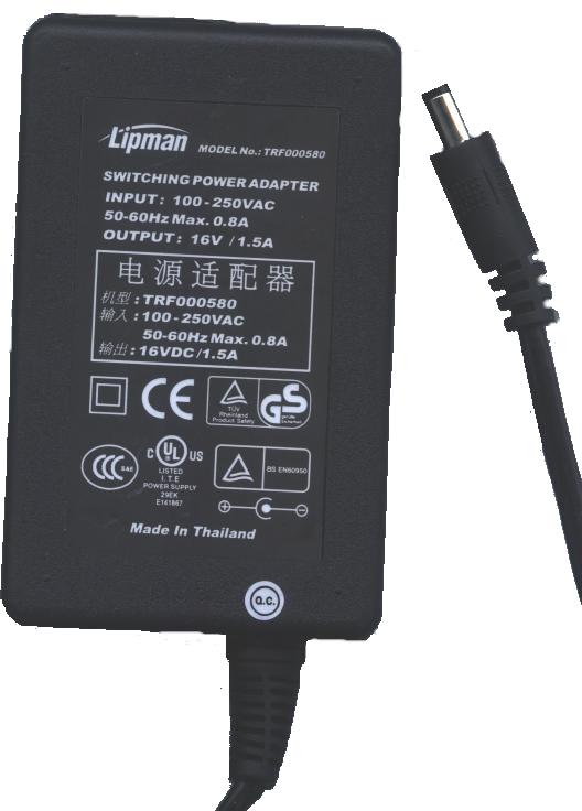 LIPMAN TRF00058 AC ADAPTER 16VDC 1.5A +(-) 2.1x5.5mm Used 100-24