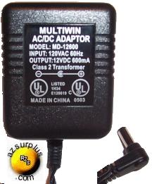 MULTIWIN MD-12600 AC ADAPTER 12VDC 600mA POWER SUPPLY CLASS 2 TR