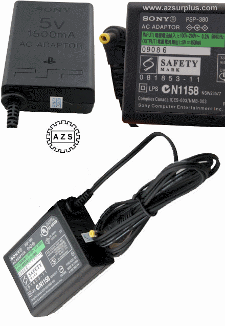 SONY PSP-380 AC Adapter 5VDC 1500mA -(+) 1.5x4mm 100-240vac 90