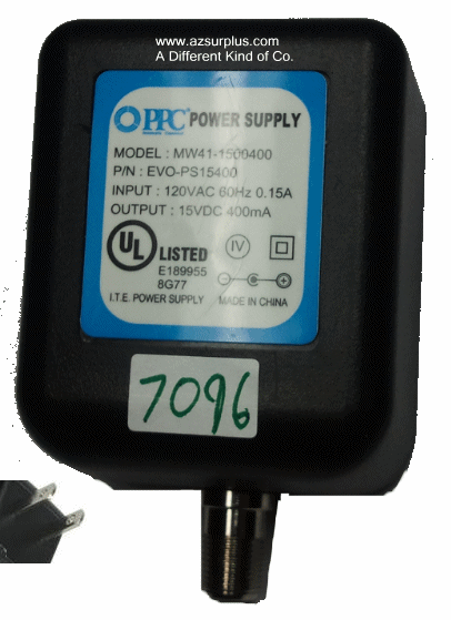 PPC MW41-1500400 AC ADAPTER 15VDC 400mA -(+)- 1x9.5mm Used RF Co