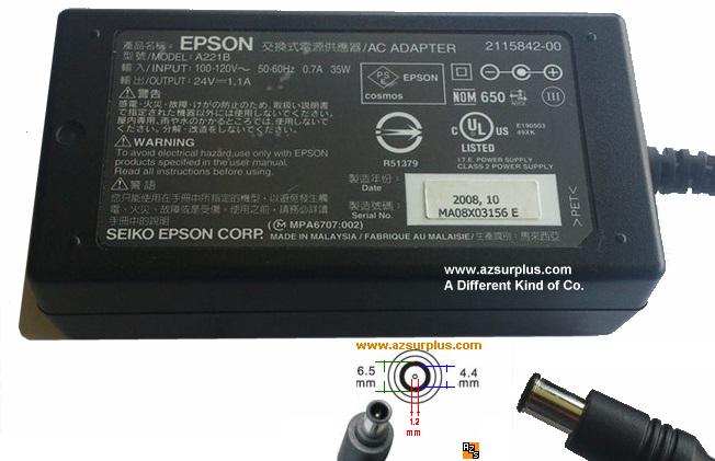 EPSON A221B AC ADAPTER 24VDC 1.1A USED -(+)- 1x3-4x6mm PRINTER P