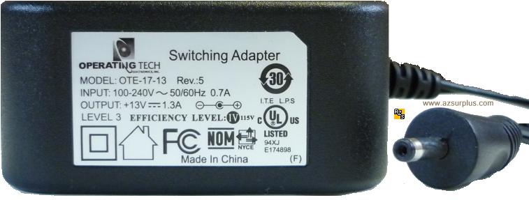 OPERATING TECH OTE-17-13 AC ADAPTER 13VDC 1.3A -(+) 1.3mm Mobile